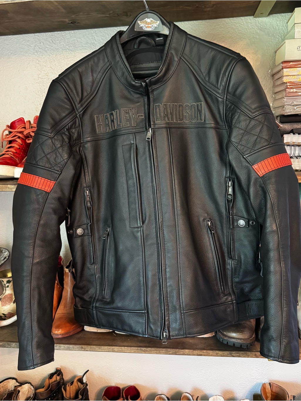 Harley-Davidson Vanocker Black Leather Riding Jacket With Red Sleeve Stripes